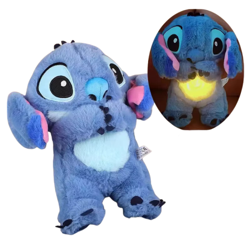 Peluche Stitch qui respire bleue, avec sa veilleuse allumée dans le noir