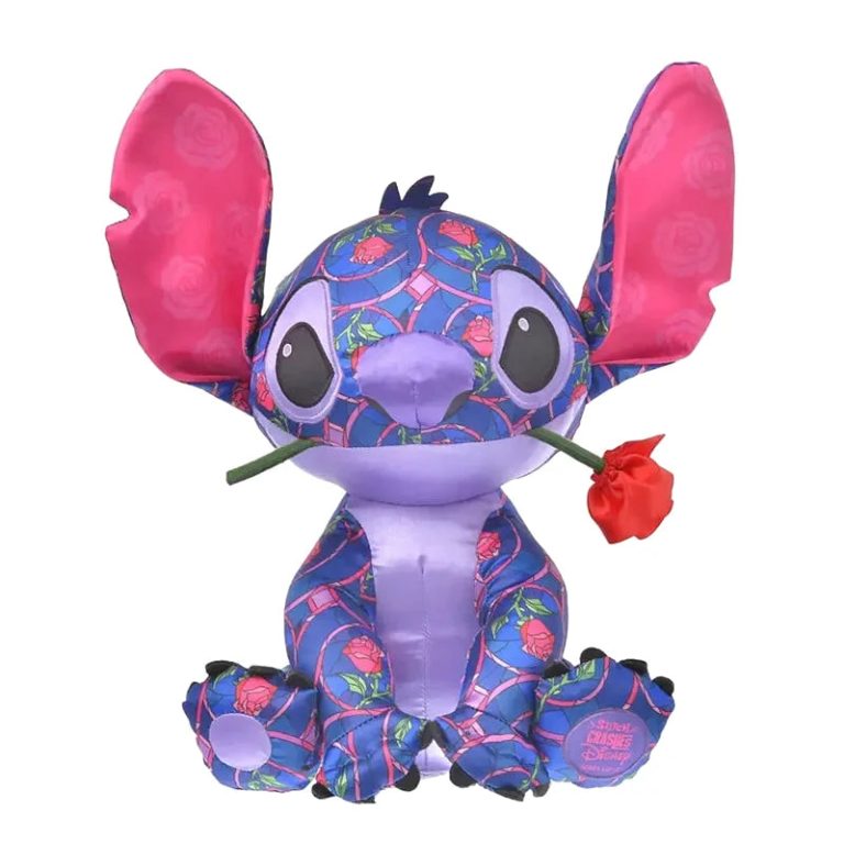 peluche violette stitch avec une rose rouge dans la bouche