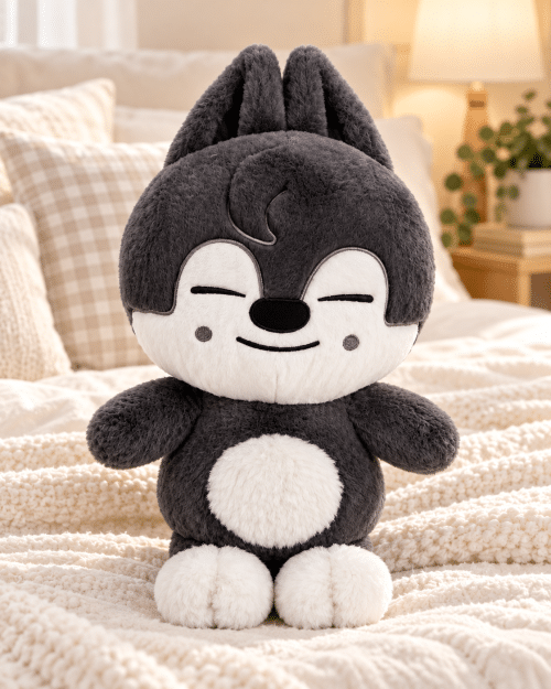 Peluche Stray Kids Wolf Chan posée sur un lit
