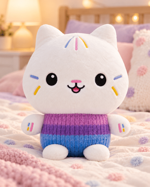 Peluche chat cupcake Gabby posée sur un lit d'enfant