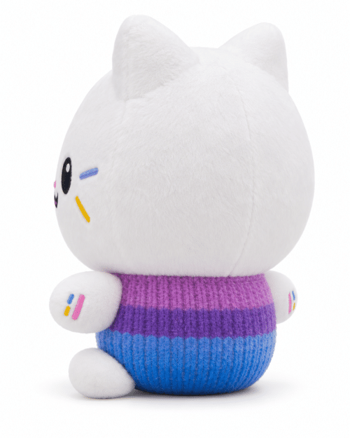 Peluche P'tichou Gabby vue de dos avec son tricot violet et bleu